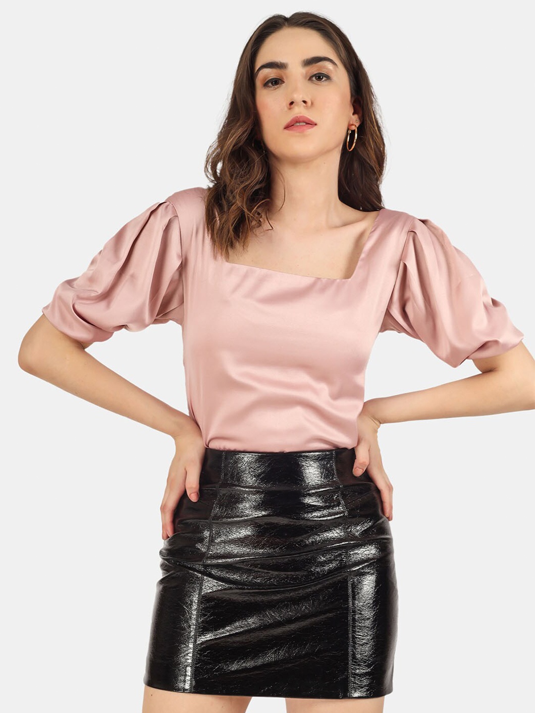 

angloindu Square Neck Puff Sleeves Satin Top, Peach