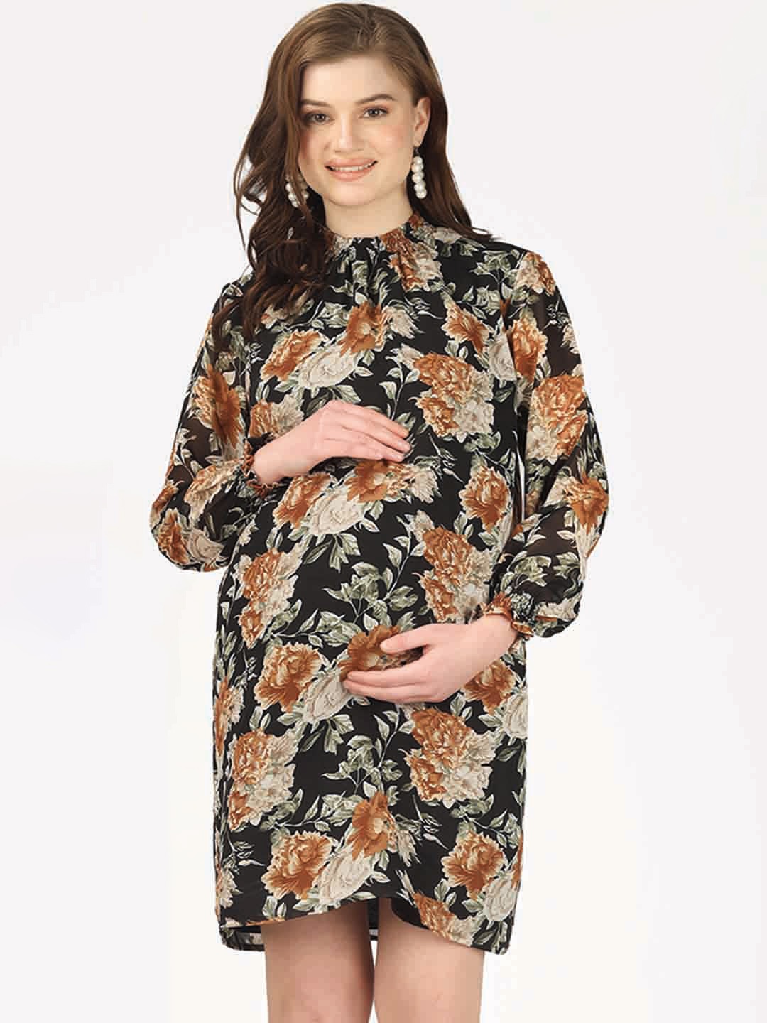 

angloindu Floral Print Georgette Maternity Cotton A-Line Dress, Black