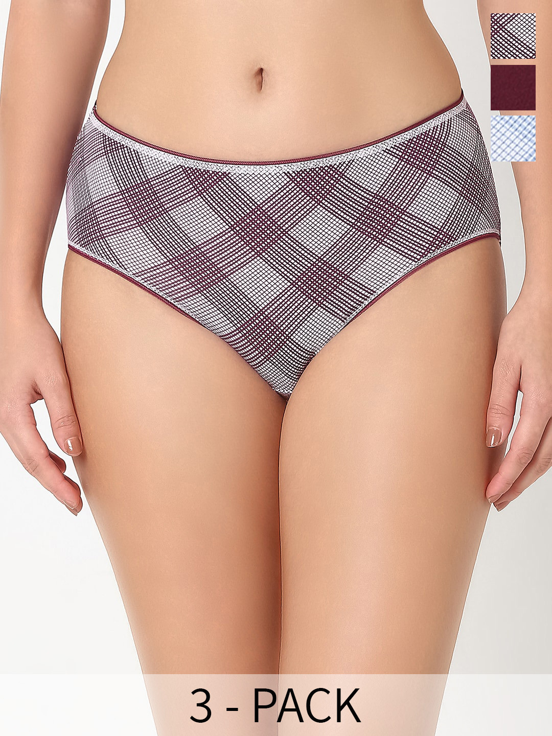 

Juliet Pack Of 3 Checked Cotton Hipster Briefs, Maroon