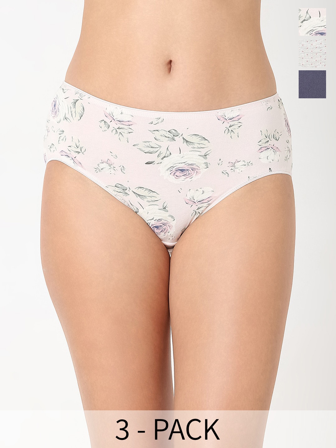 

Juliet Pack Of 3 Floral Printed Cotton Hipster Briefs 060002000019150, Grey melange