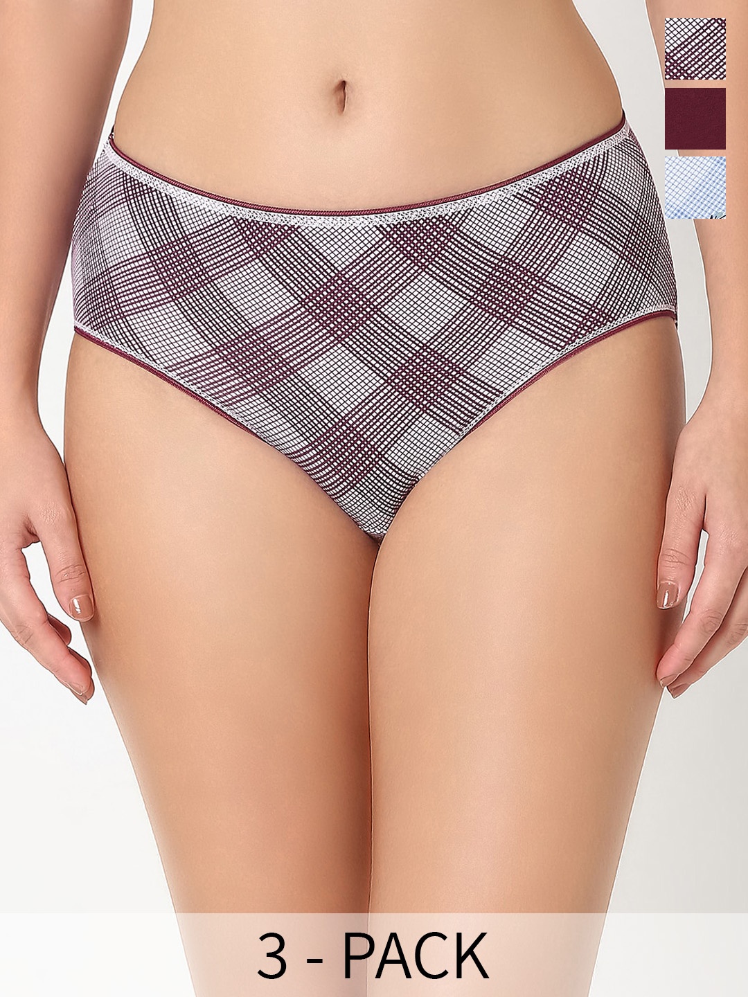 

Juliet Pack Of 3 Checked Cotton Hipster Briefs, Maroon