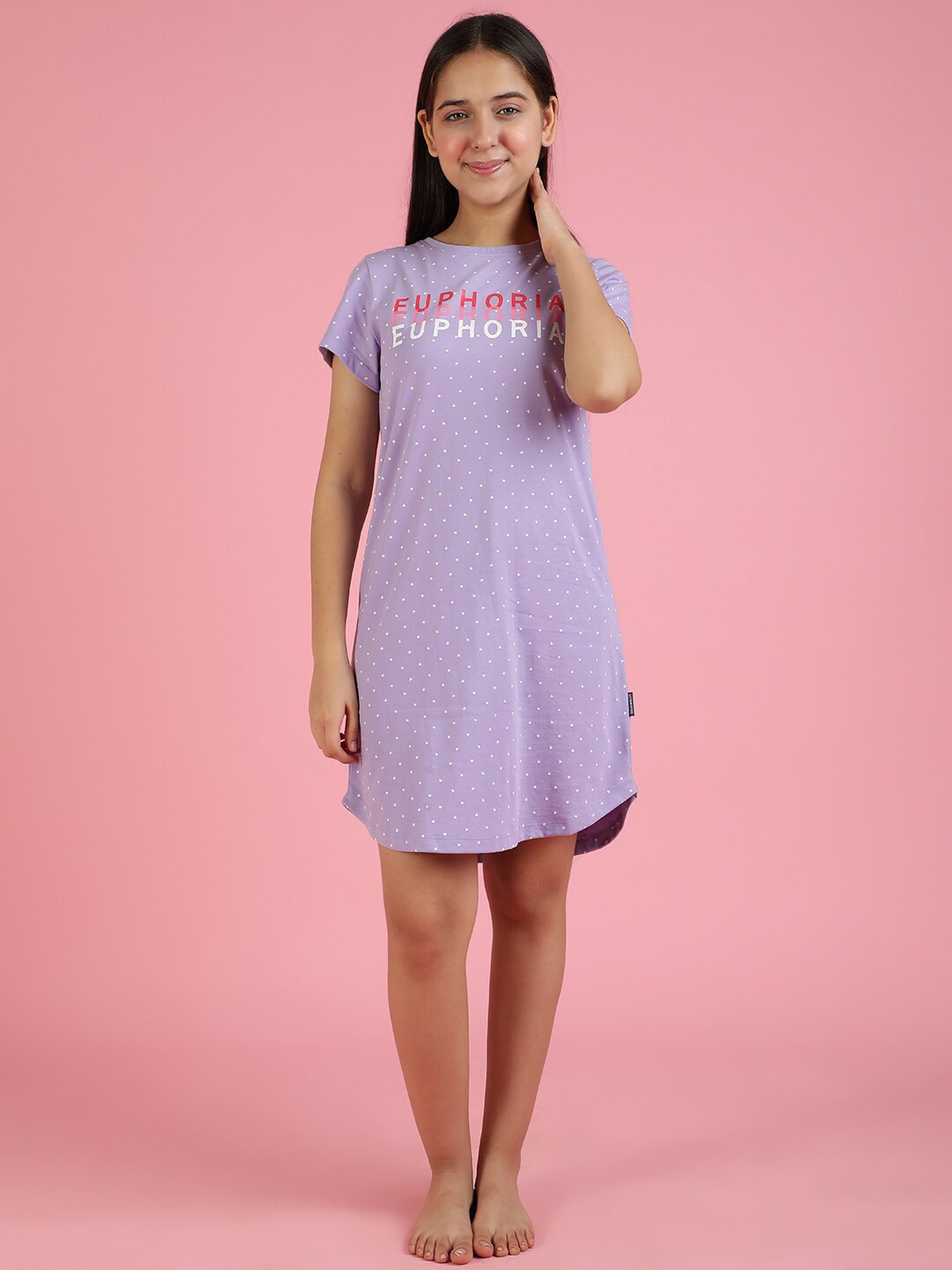 

Lil Tomatoes Girls Typography Printed T-shirt Nightdress, Purple