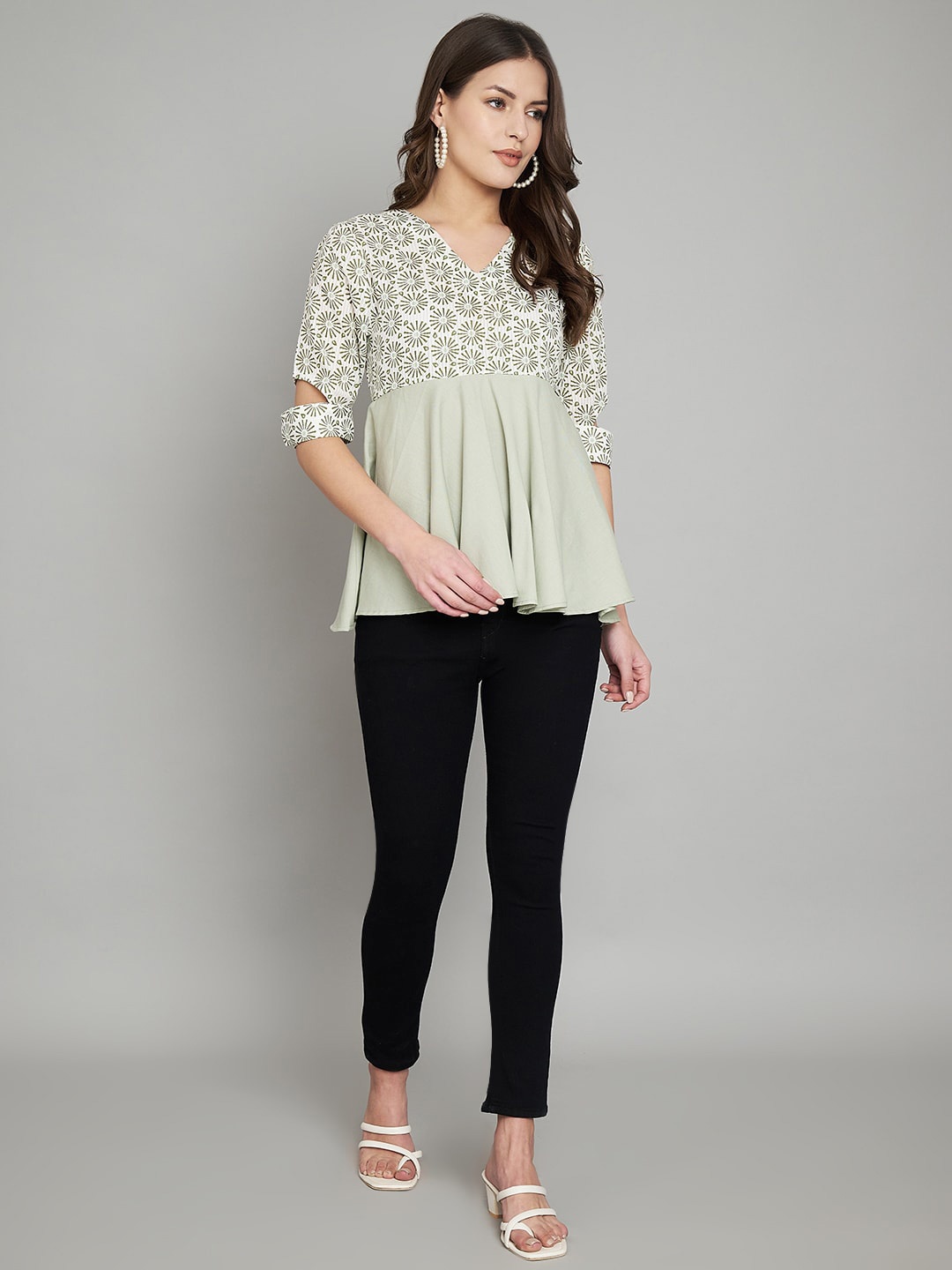 

Amagyaa Floral Printed Cotton Peplum Top, Green