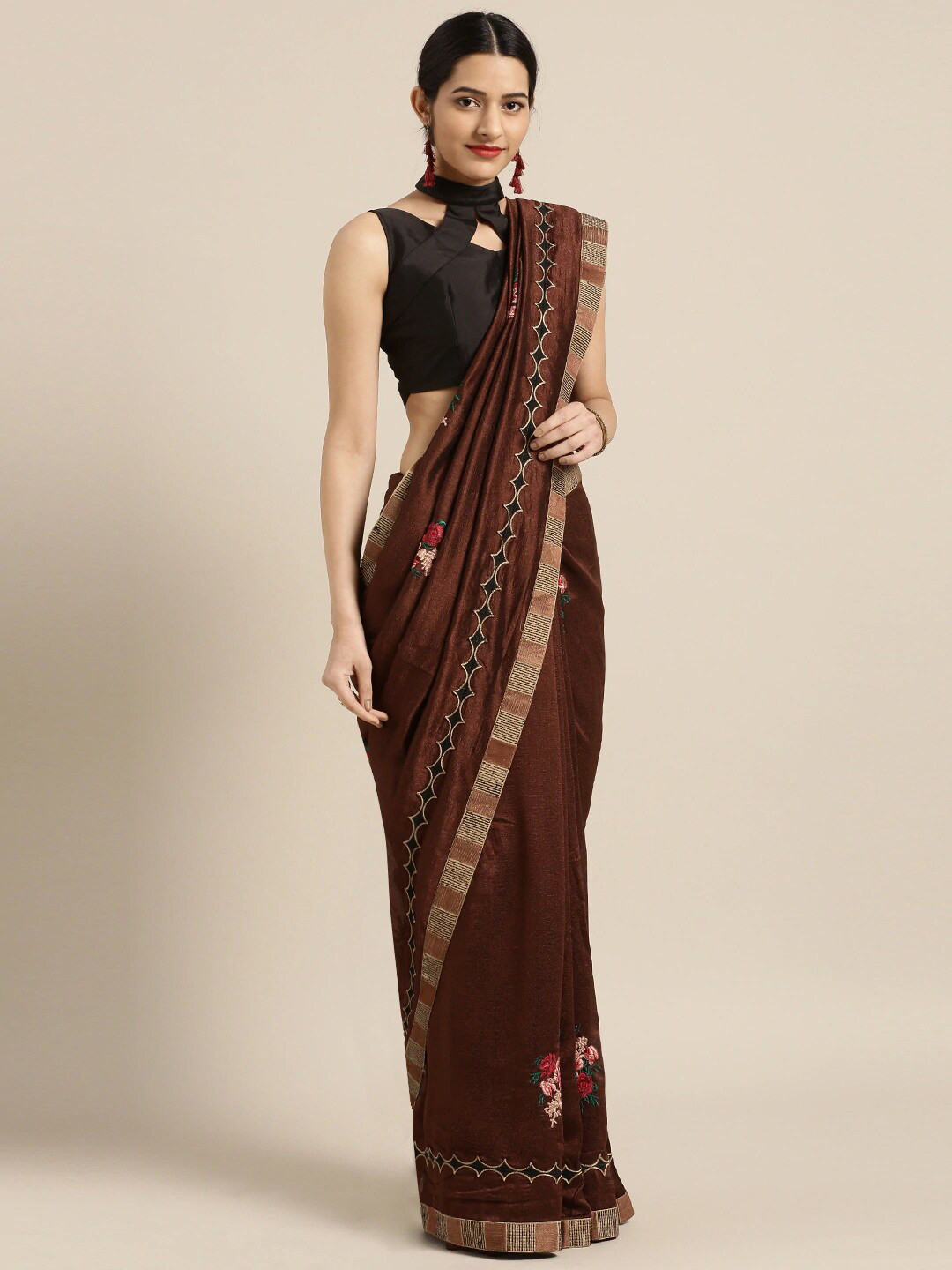 

Mitera Floral Embroidered Woven Design Saree, Brown
