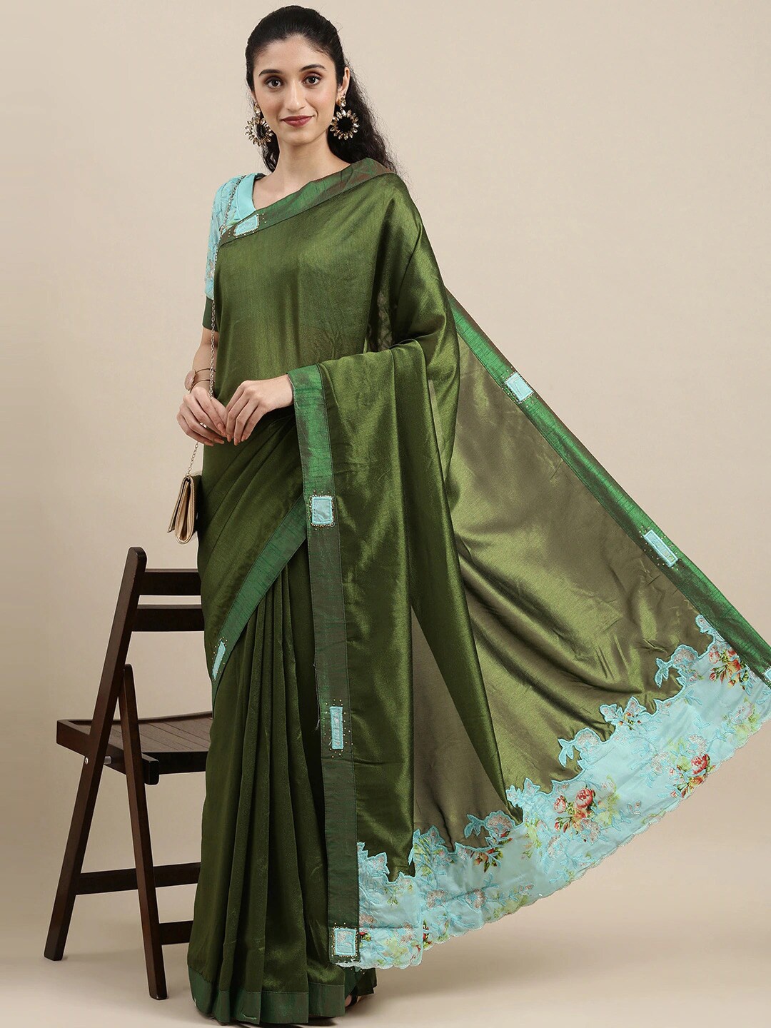

Mitera Embroidered Satin Saree, Green