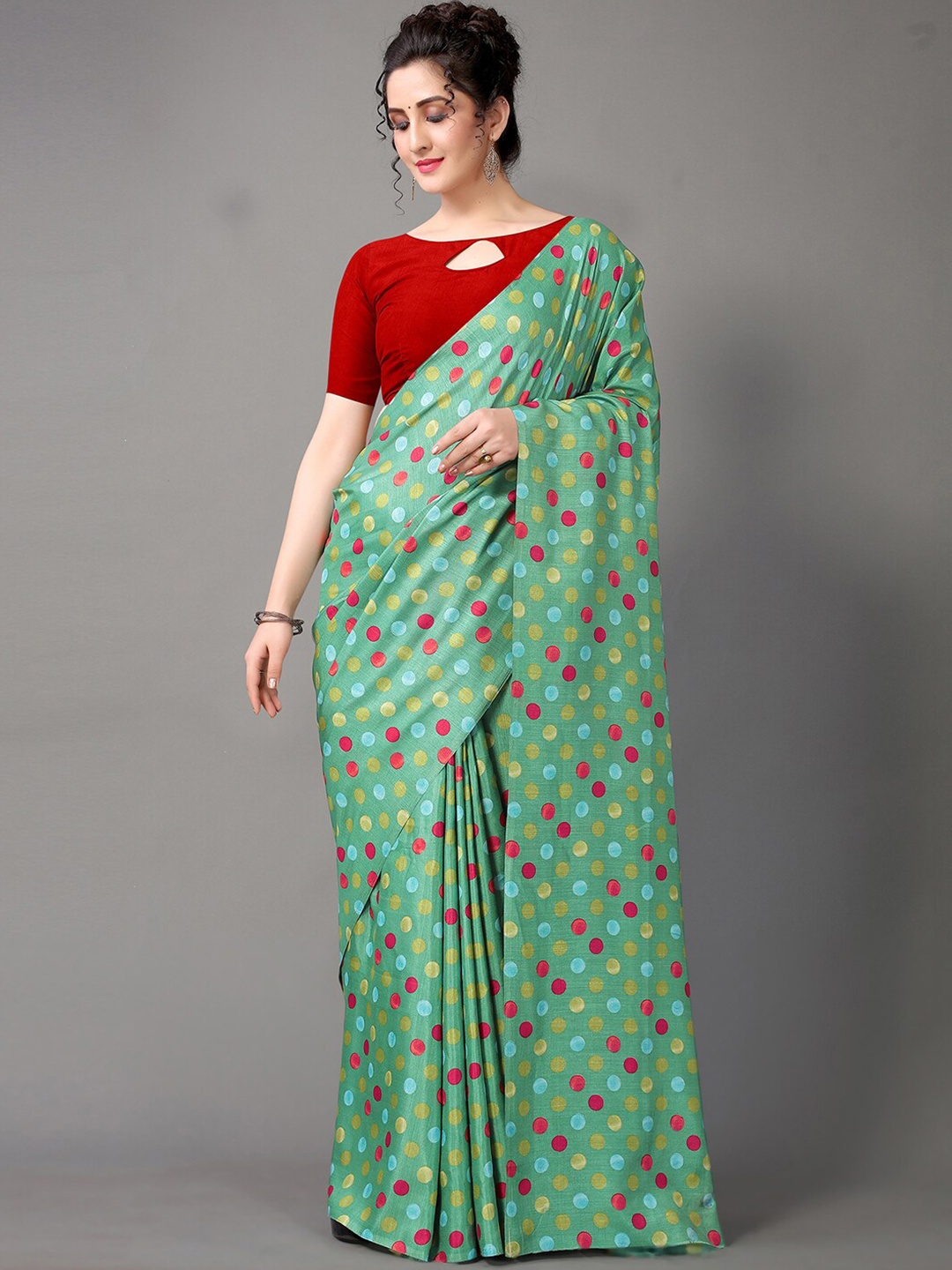 

Mitera Polka Dot Printed Art Silk Saree, Green