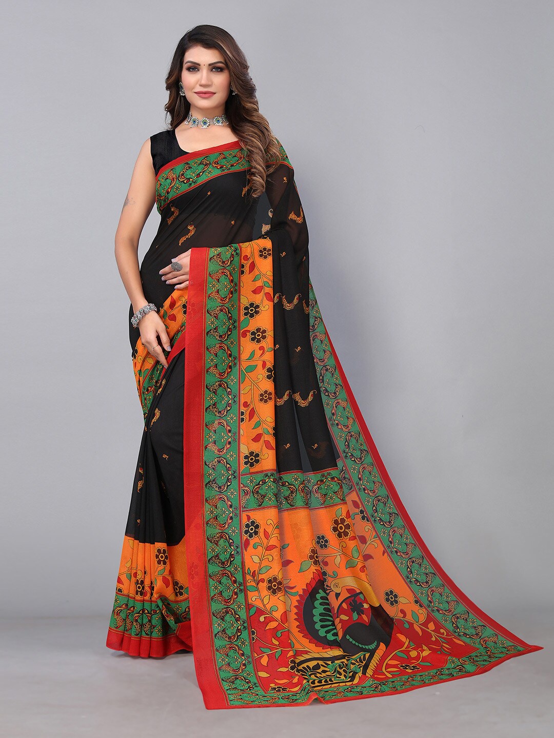 

Mitera Black Ethnic Motifs Printed Brasso Saree