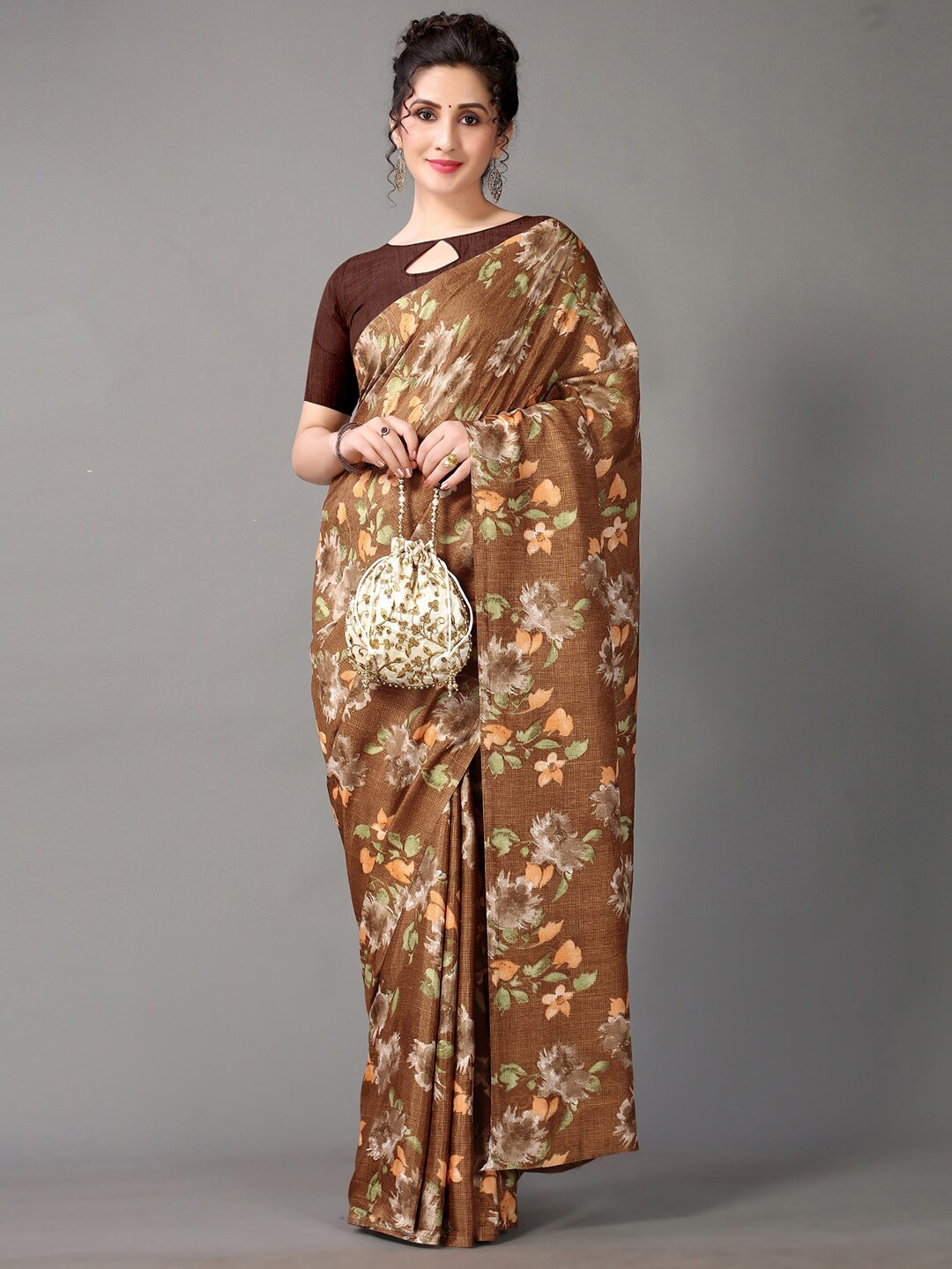 

Mitera Brown Floral Printed Saree