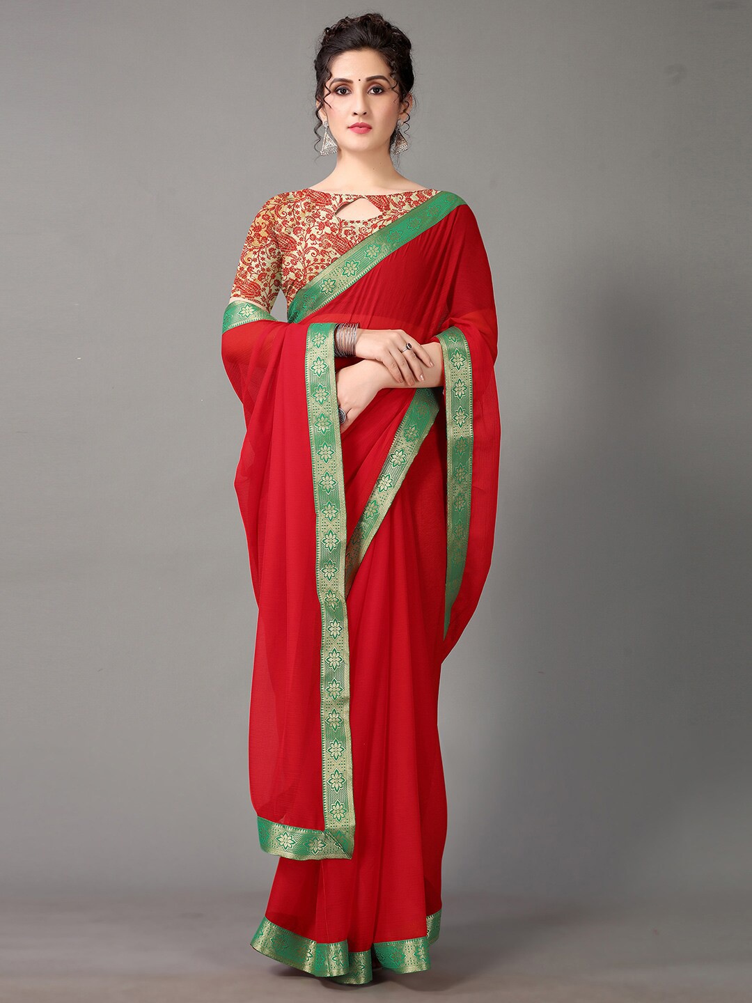 

Mitera Ethnic Woven Design Zari Border Saree, Red