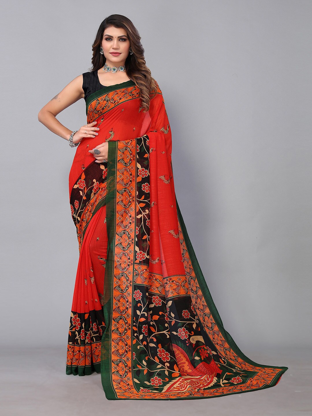 

Mitera Ethnic Motifs Printed Brasso Saree, Red