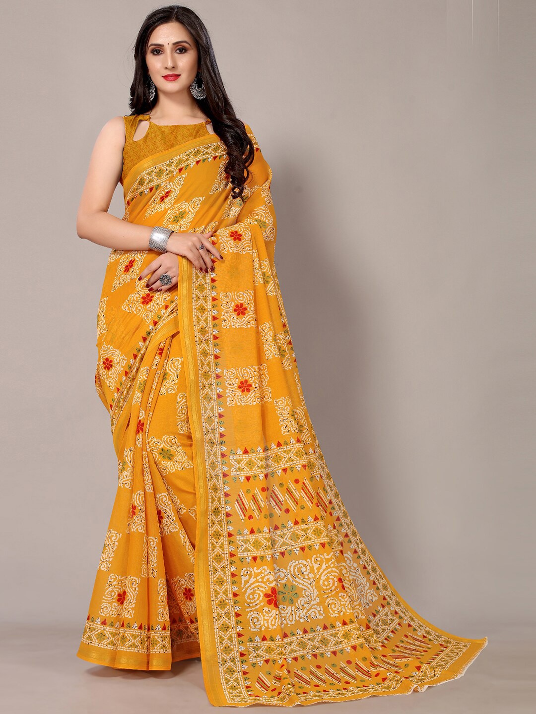

Mitera Ethnic Motifs Printed Saree, Mustard