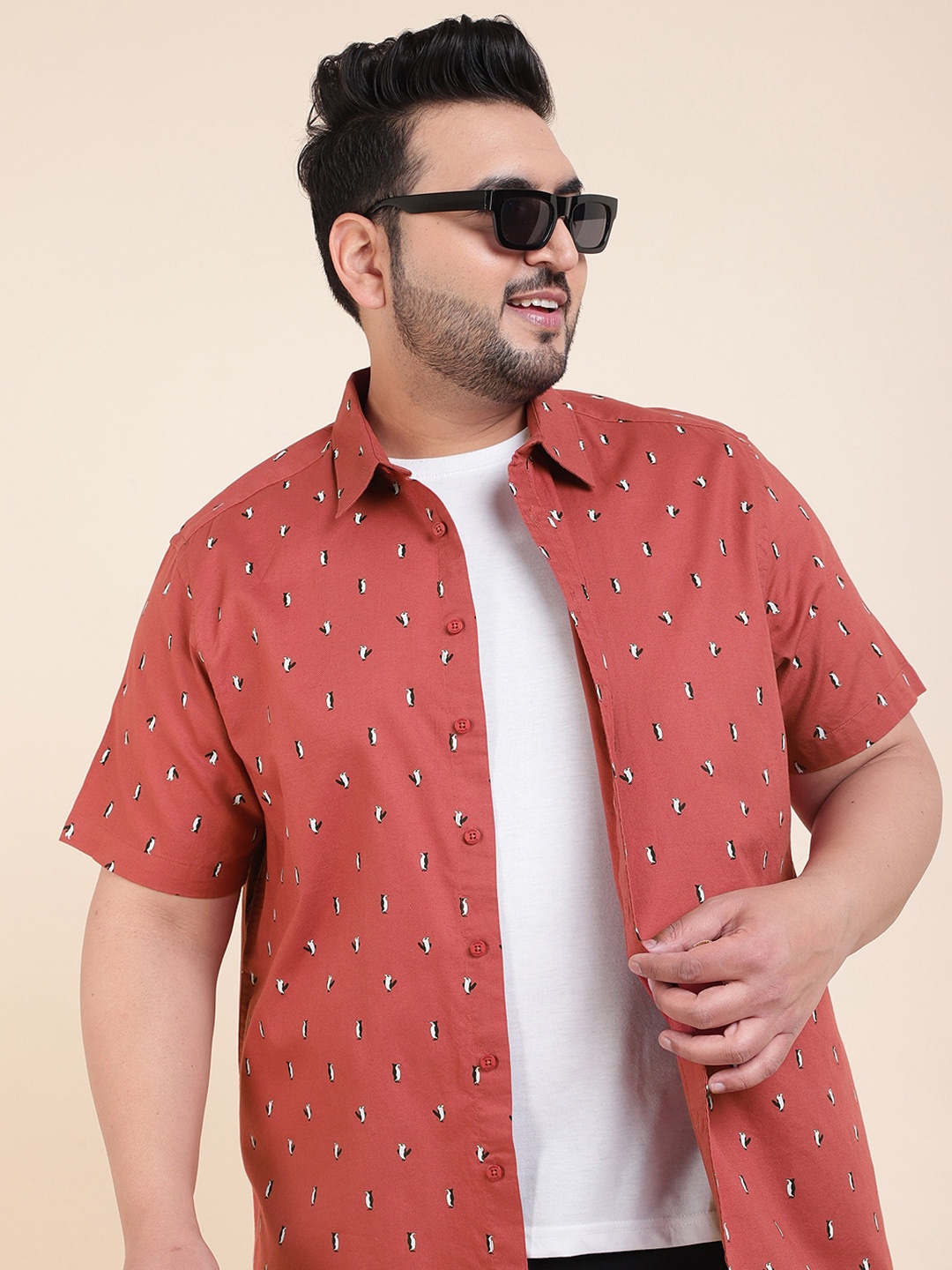 

Sztori Classic Short Sleeves Spread Collar Cotton Opaque Printed Casual Shirt, Rust