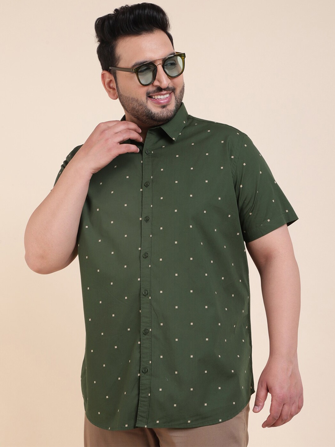 

Sztori Classic Short Sleeves Spread Collar Cotton Opaque Printed Casual Shirt, Green