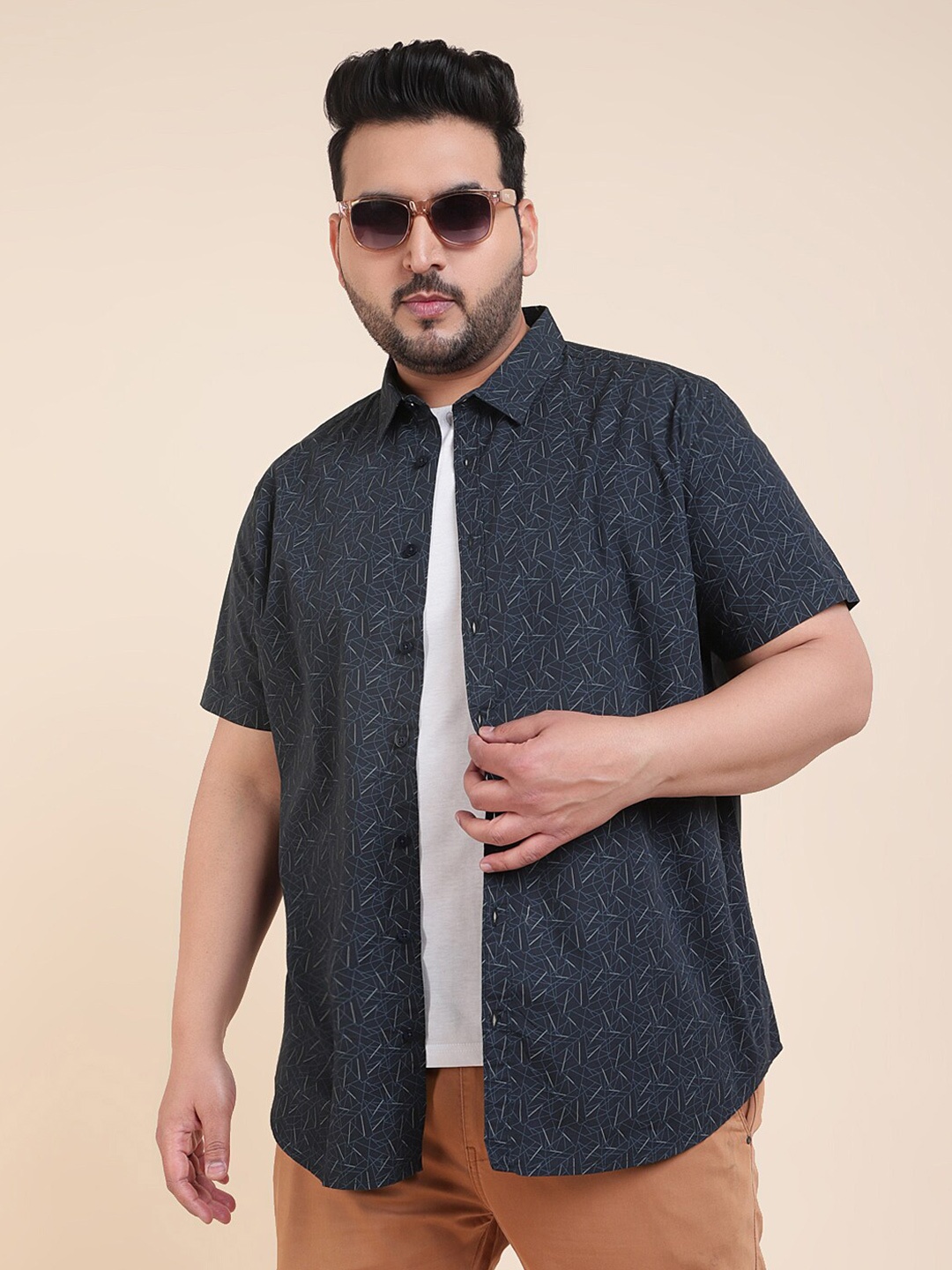 

Sztori Printed Spread Collar Casual Shirt, Navy blue
