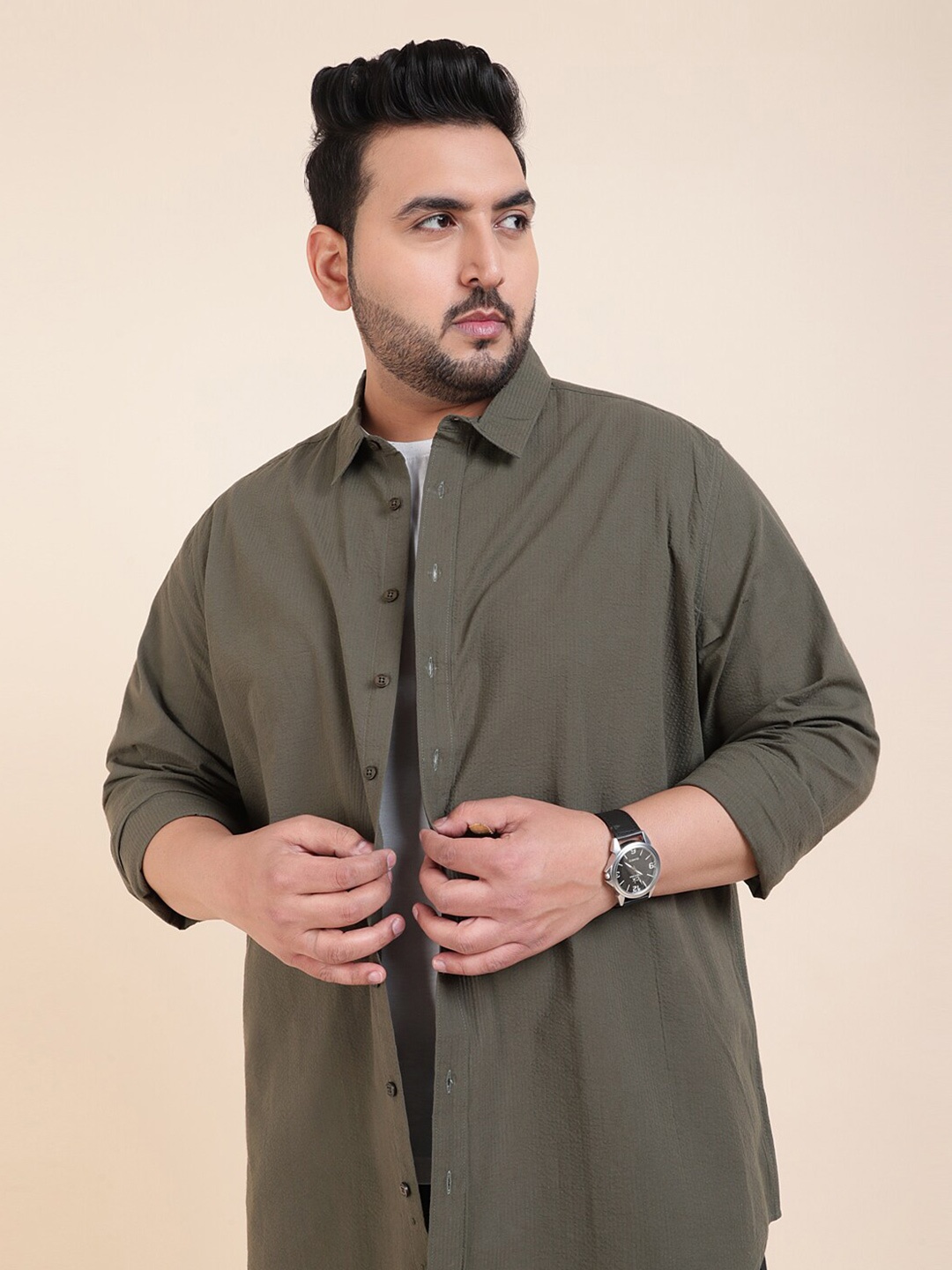 

Sztori Classic Long Sleeves Spread Collar Cotton Opaque Casual Shirt, Olive