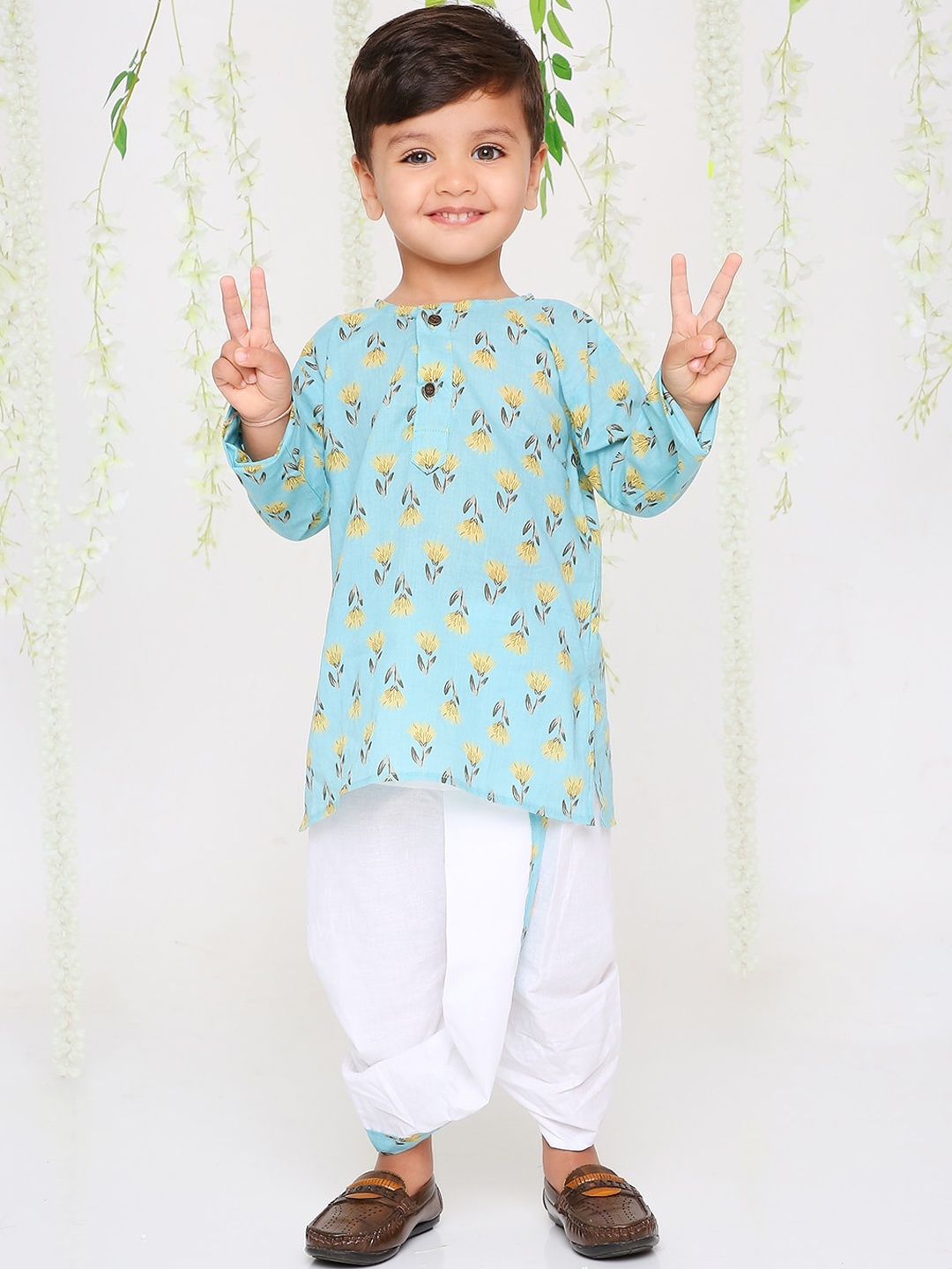 

KID1 Infants Floral Printed Regular Pure Cotton Kurta With Dhoti Pants, Turquoise blue