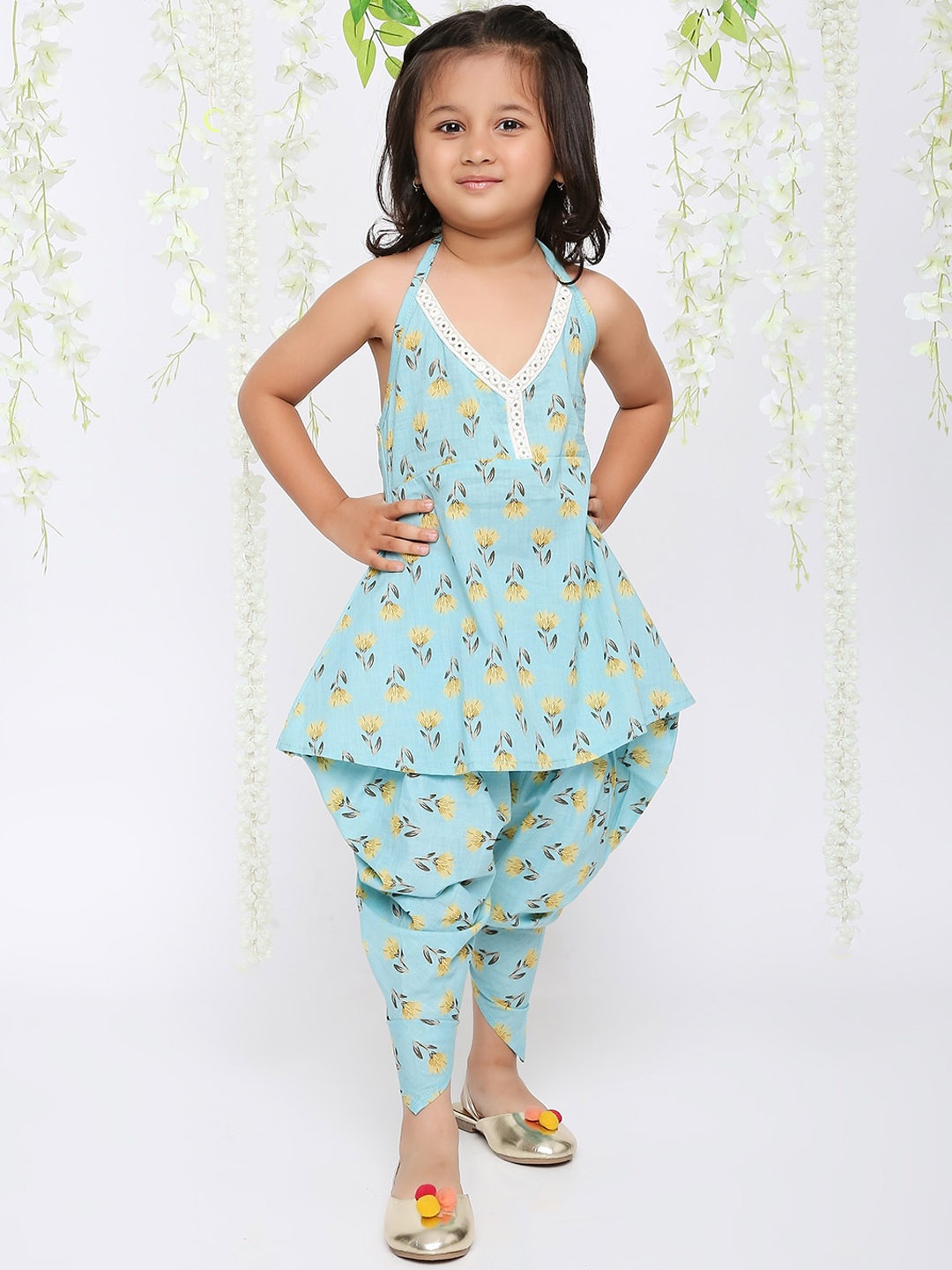 

KID1 Girls Floral Printed Sleeveless Pure Cotton Kurti with Dhoti Pants, Turquoise blue