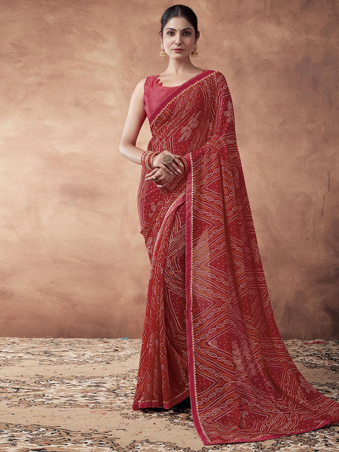 

KALINI Bandhani Gotta Patti Pure Georgette Bandhani Saree, Red