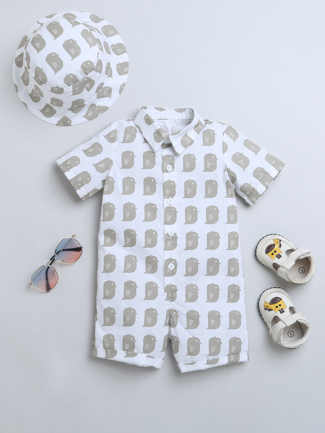 

Nino Bambino Infant Boys Printed Pure Organic Cotton Rompers With Hat, Grey