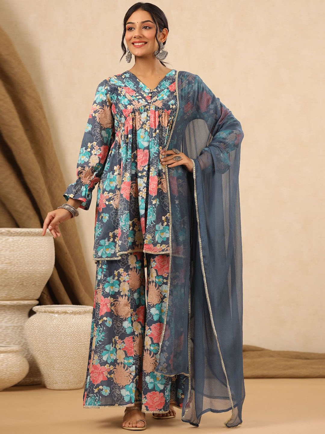 

Peachmode V-Neck Floral Printed Regular Pure Cotton Kurta with Trousers & With Dupatta, Grey