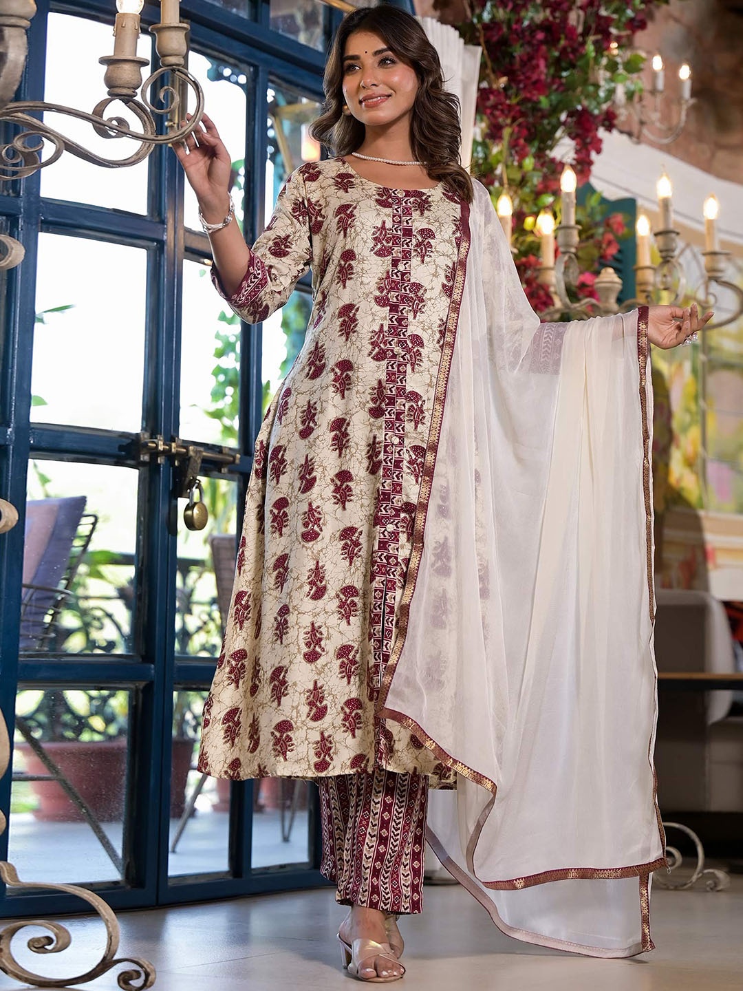 

Peachmode Round Neck Floral Printed A Line Kurta with Trouser & Dupatta, Beige