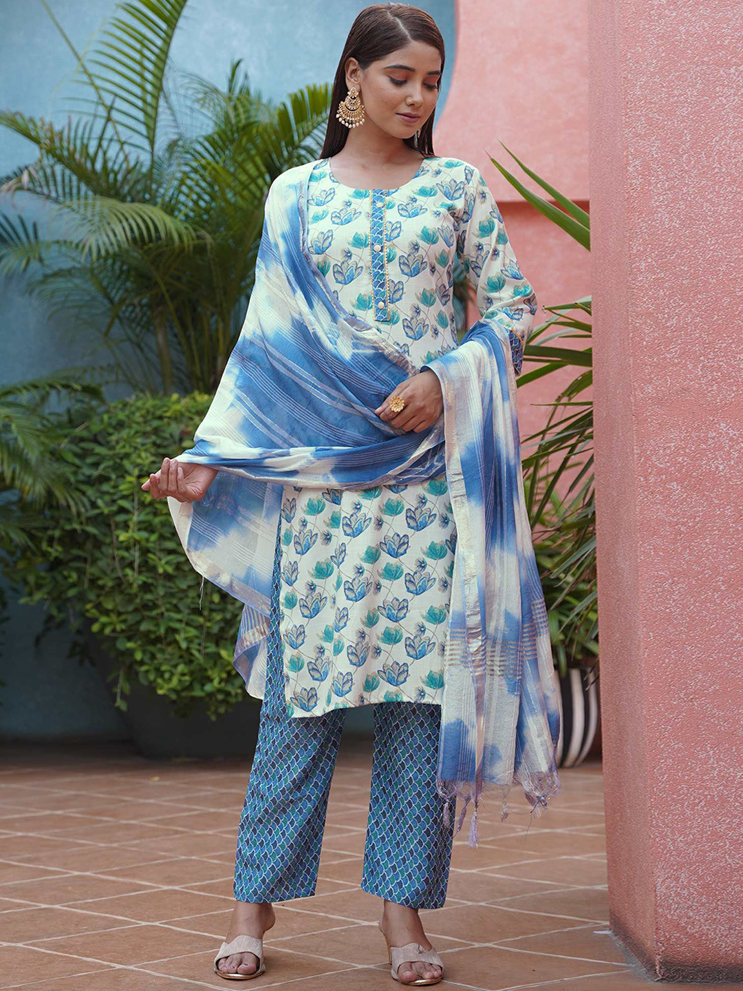 

Peachmode Round Neck Floral Printed Straight Pure Cotton Kurta with Trouser & Dupatta, White