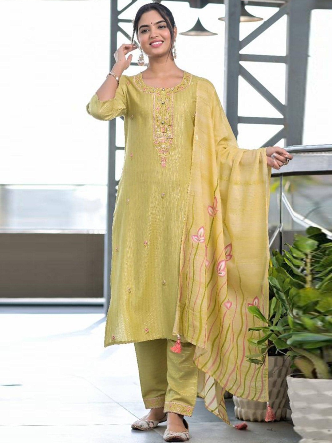 

Peachmode Round Neck Ethnic Printed Sequinned Pure Cotton Kurta with Trouser & Dupatta, Green