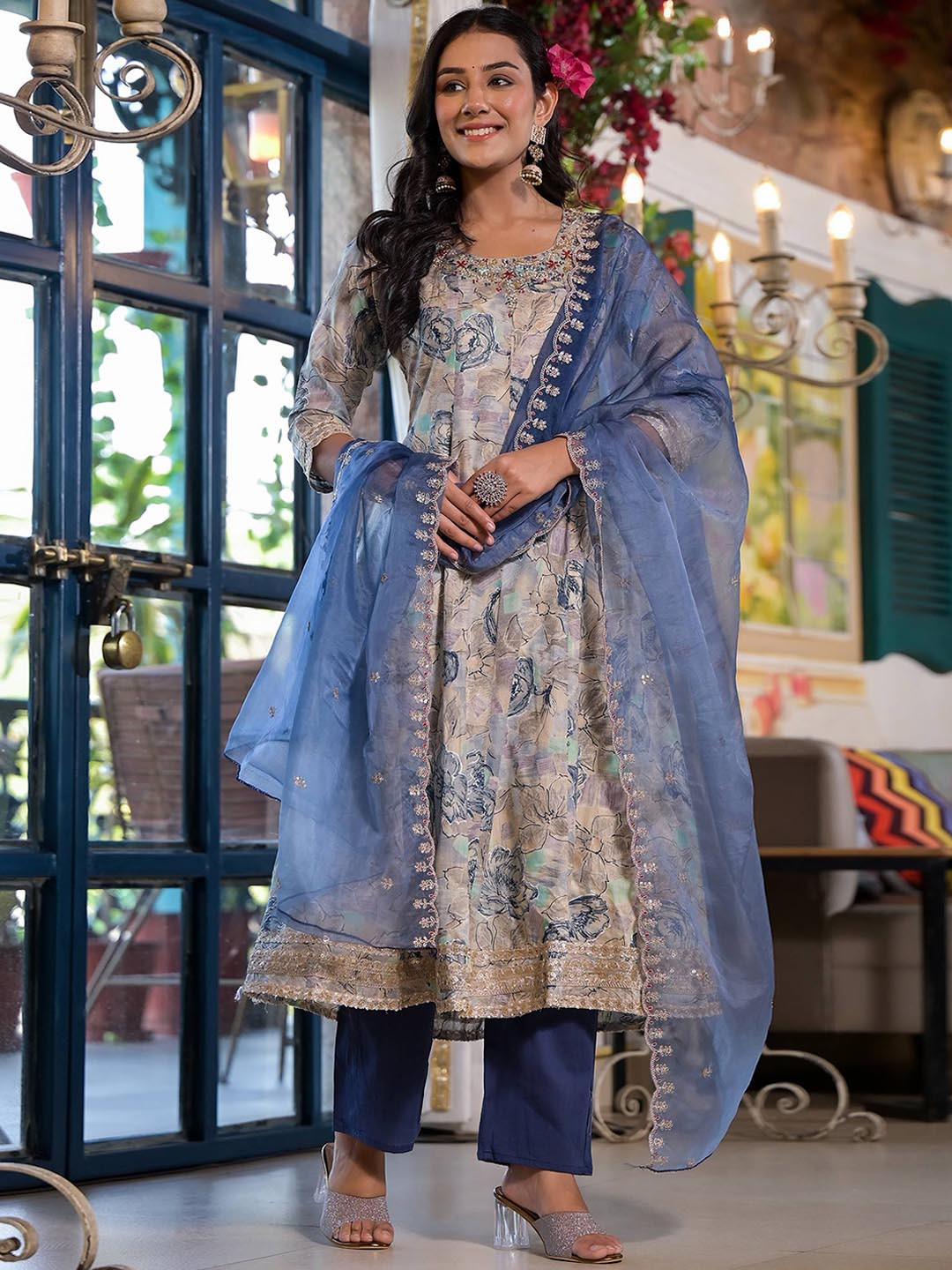 

Peachmode Round Neck Floral Printed Pure Cotton Straight Kurta with Trouser & Dupatta, Beige