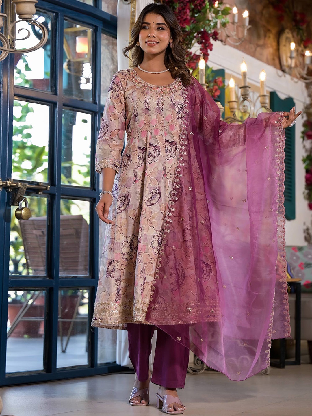 

Peachmode Round Neck Floral Printed Pure Cotton Straight Kurta with Trouser & Dupatta, Purple