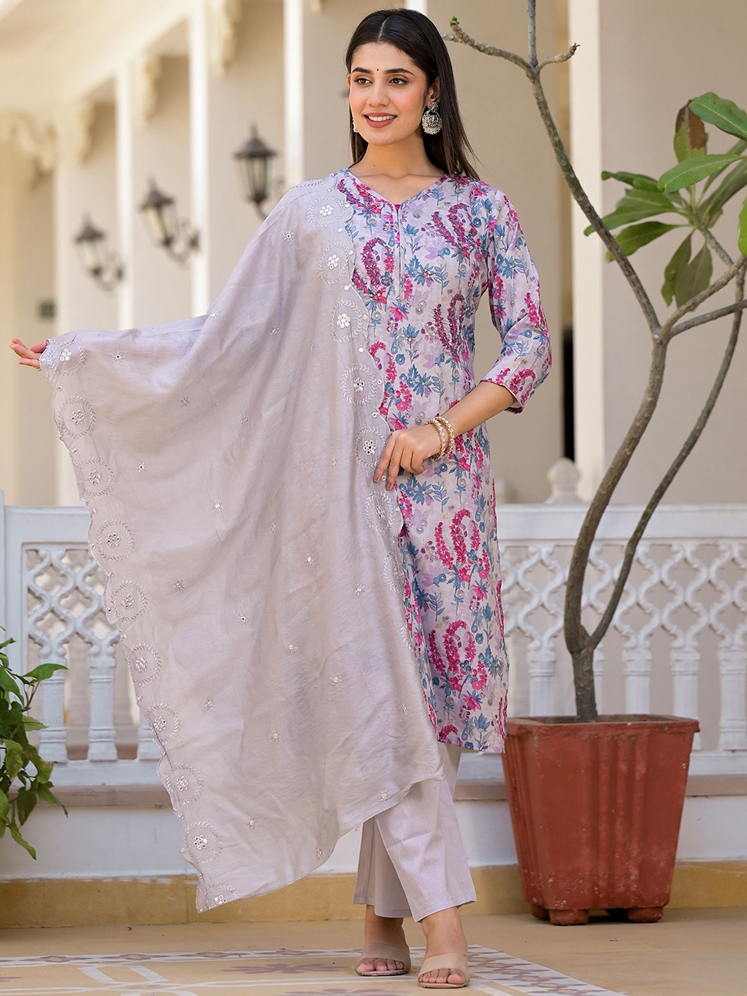 

Peachmode Floral Printed Regular Pure Cotton Kurta with Trousers & With Dupatta, Grey