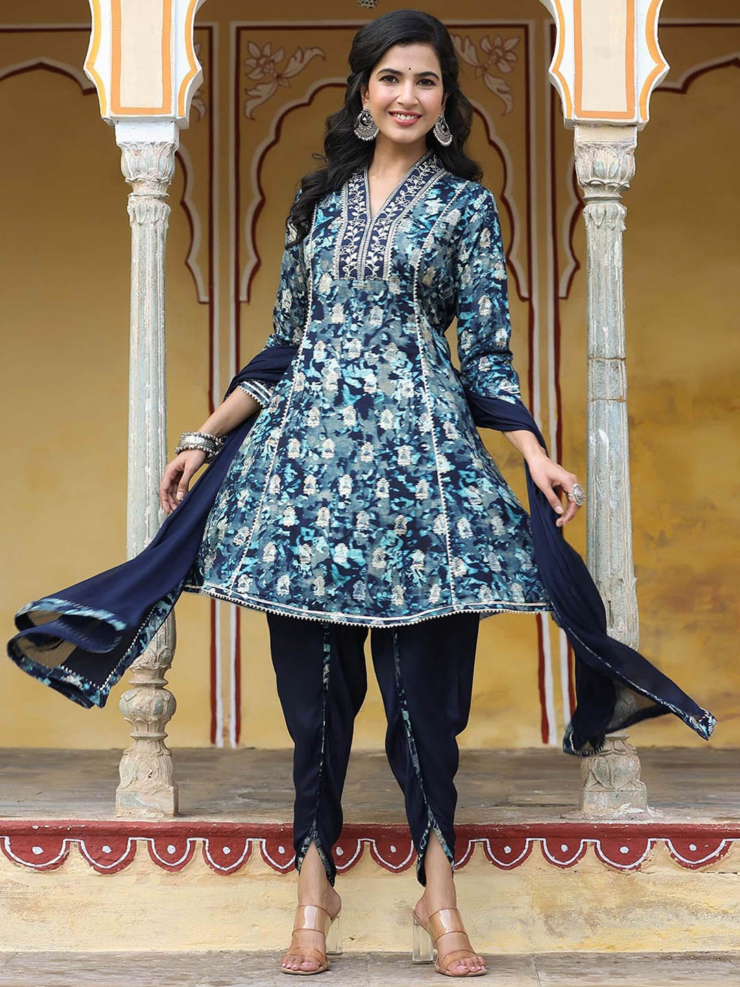 

Peachmode Floral Printed Gotta Patti Pure Cotton A-Line Kurti with Dhoti Pants & Dupatta, Navy blue