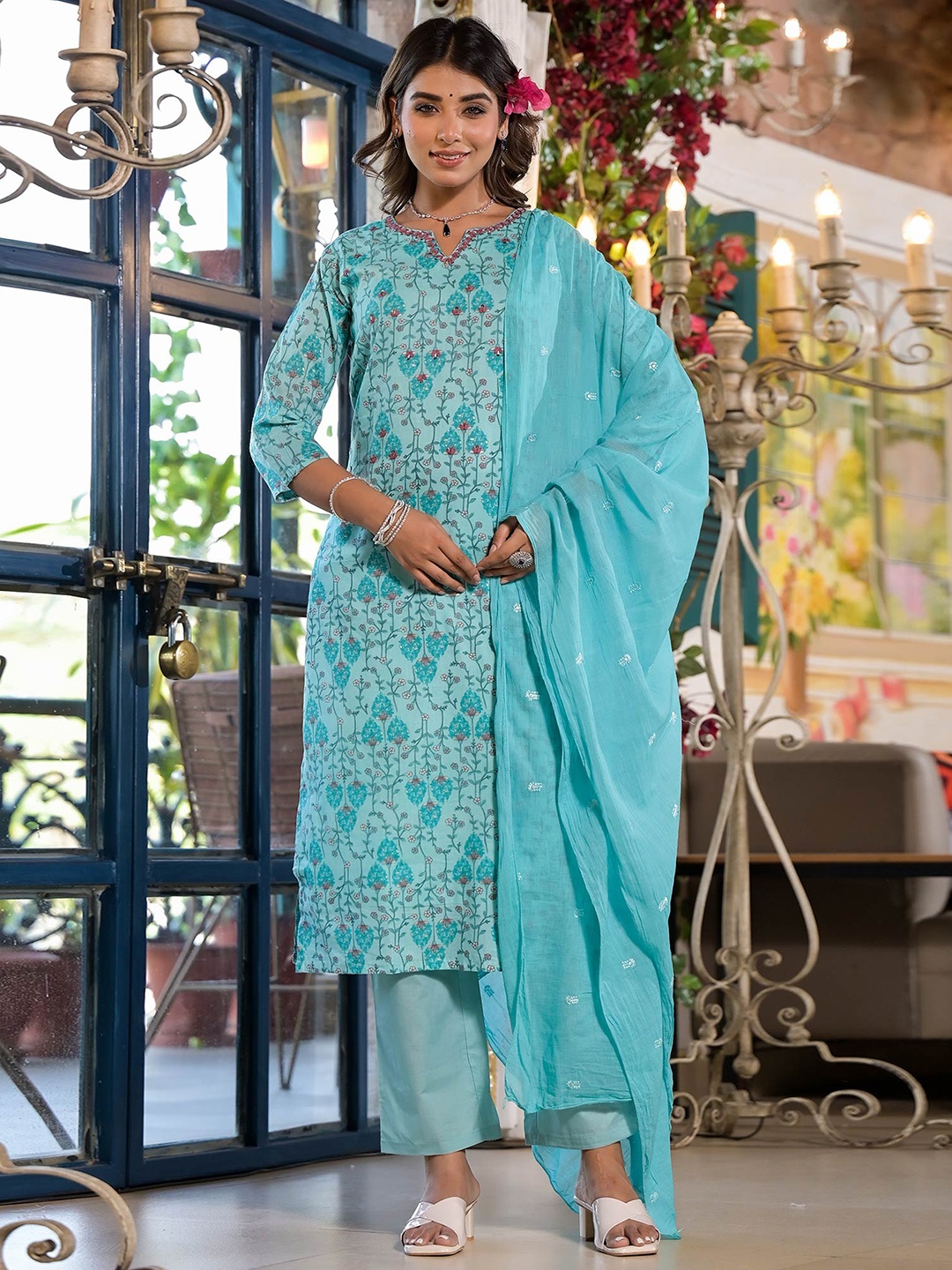 

Peachmode V Neck Floral Printed Pure Cotton Straight Kurta with Trouser & Dupatta, Blue