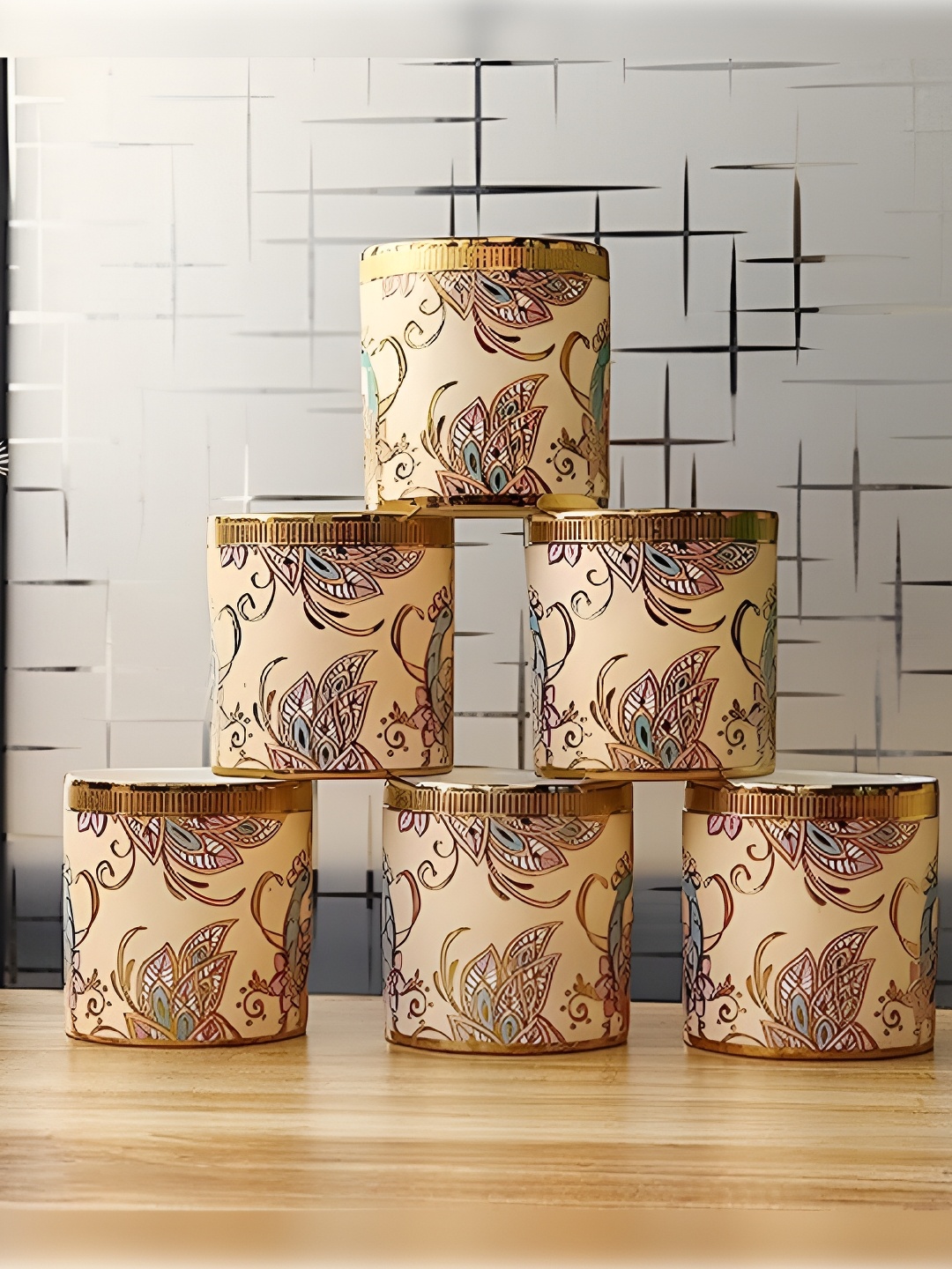 

Femora Gold Toned & Beige 6 Pieces Printed Ceramic Glossy Cups 160 ml Each