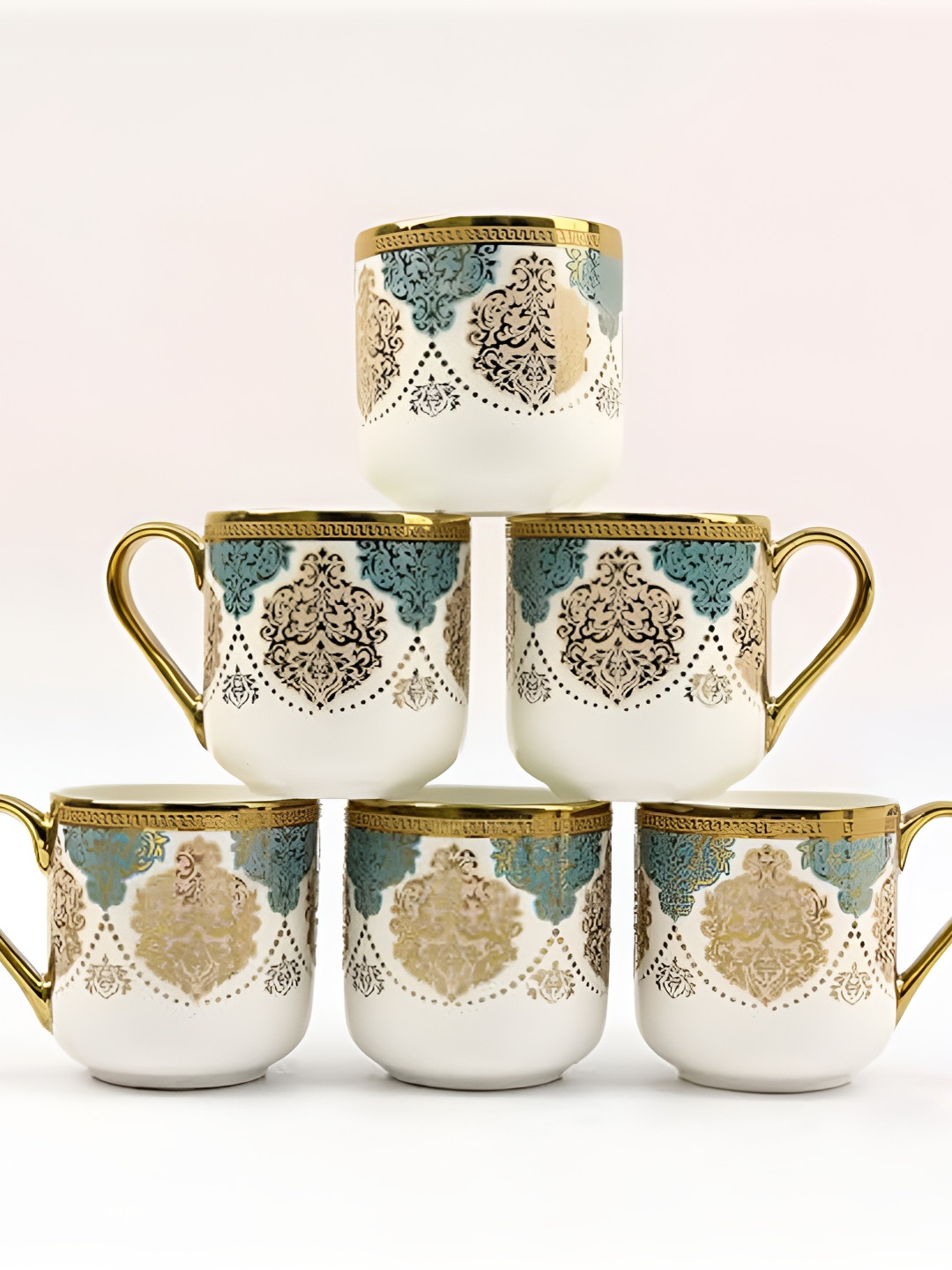 

Femora Gold-Toned & White 6 Pieces Printed Ceramic Glossy Mugs 180 ml