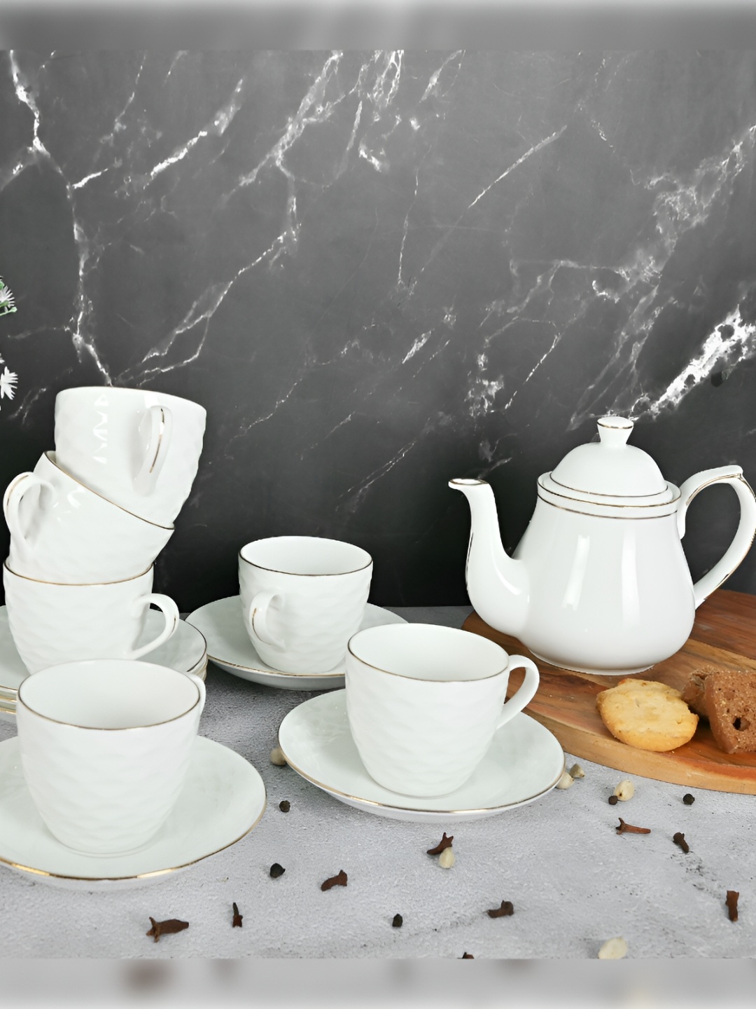 

Femora White & Gold Toned 13 Pieces Ceramic Glossy Kettle Set