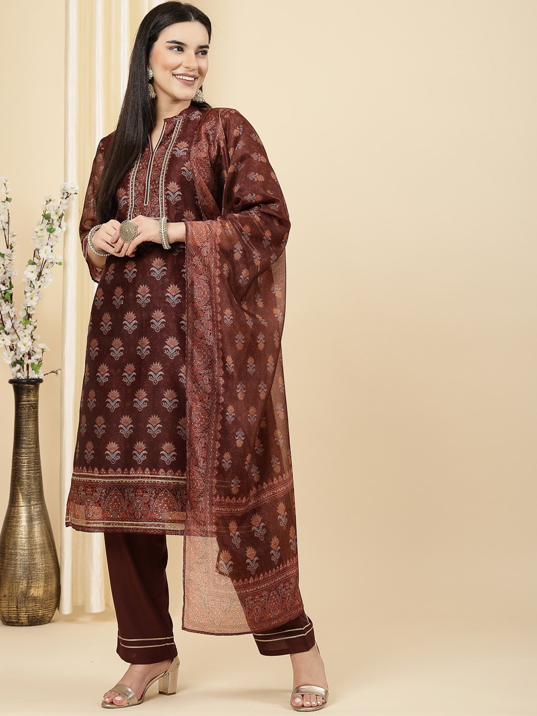 

Nayam By Lakshita Floral Printed Regular Kurta with Palazzos & With Dupatta, Brown