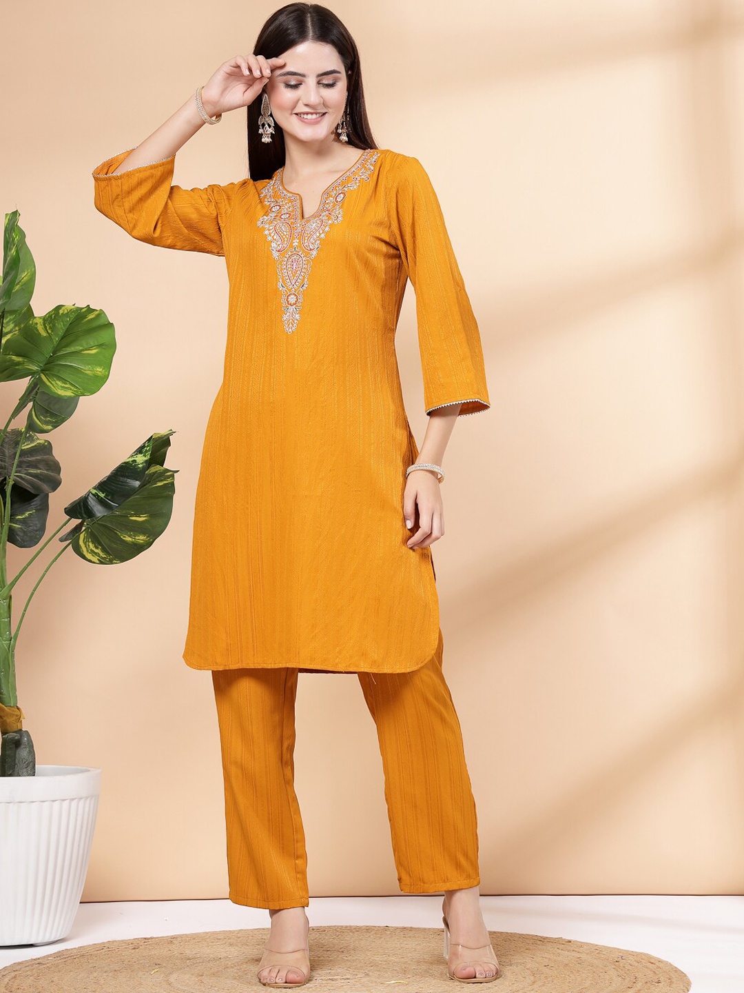 

Nayam By Lakshita Floral Embroidered Regular Kurta with Palazzos, Mustard