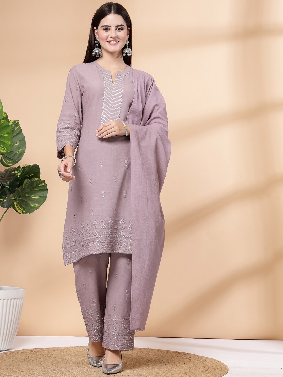 

Nayam By Lakshita Yoke Design Gotta Patti Pure Cotton Kurta with Palazzos & Dupatta, Lavender