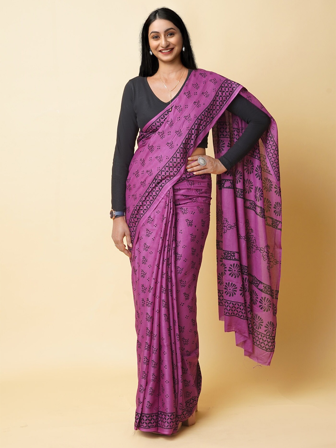 

Unnati Silks Ethnic Motifs Pure Cotton Handloom Block Print Saree, Purple