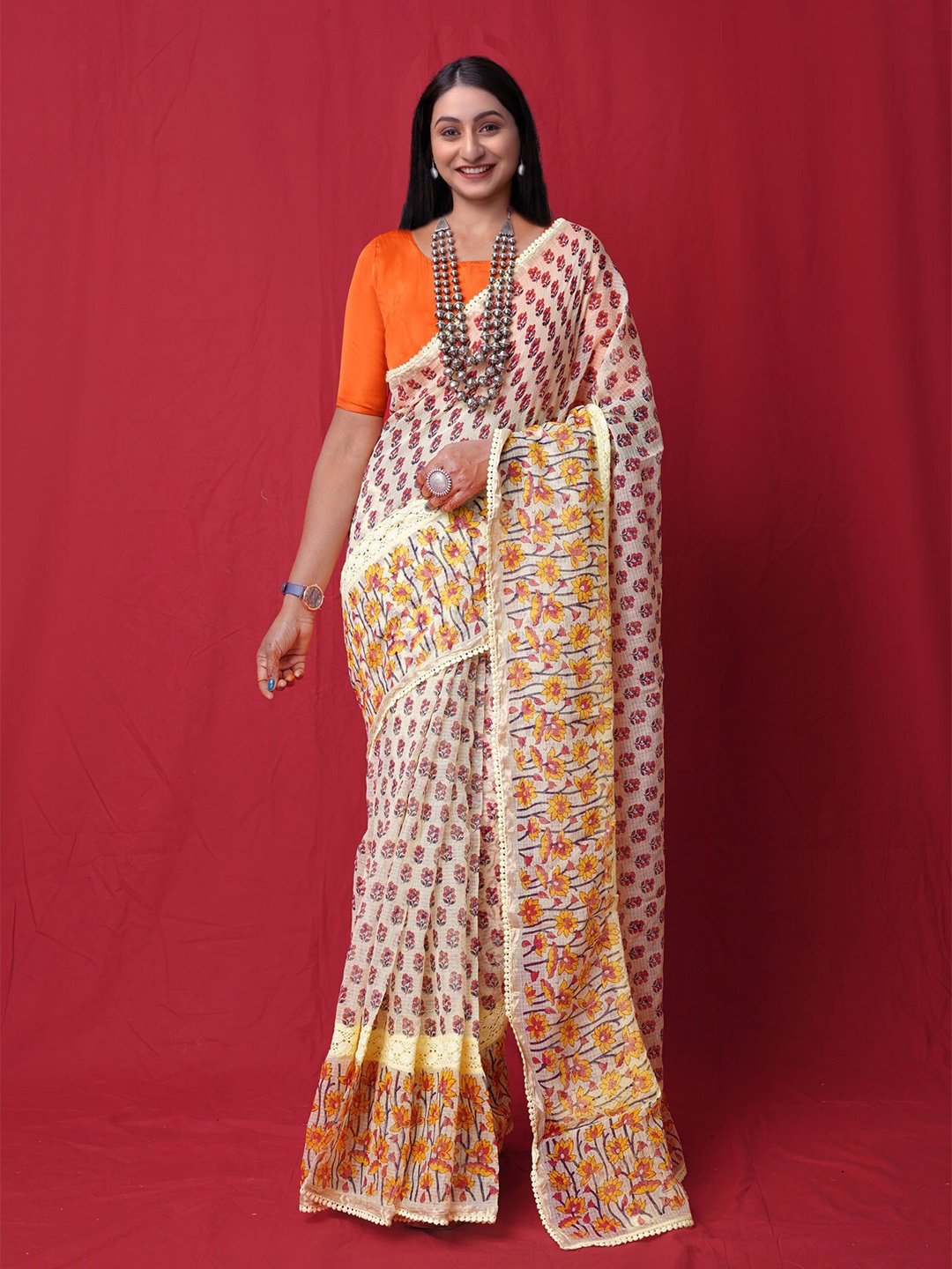 

Unnati Silks Ethnic Motifs Silk Cotton Handloom Kota Saree, Yellow