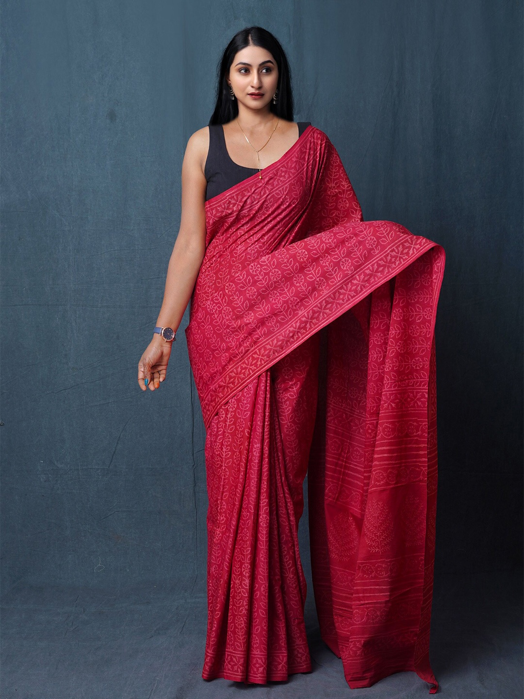 

Unnati Silks Ethnic Motifs Pure Cotton Handloom Block Print Saree, Burgundy