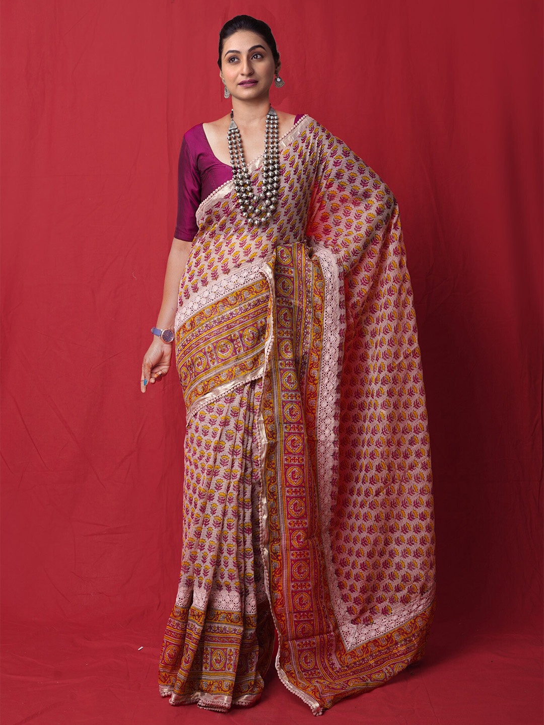 

Unnati Silks Ethnic Motifs Silk Cotton Handloom Kota Saree, Beige