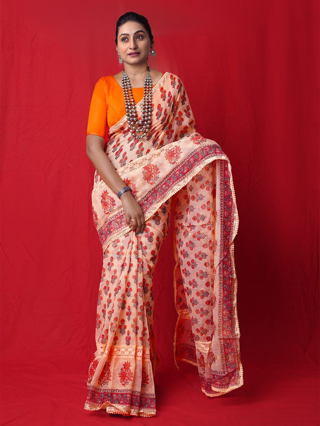 

Unnati Silks Ethnic Motifs Silk Cotton Handloom Kota Saree, Orange