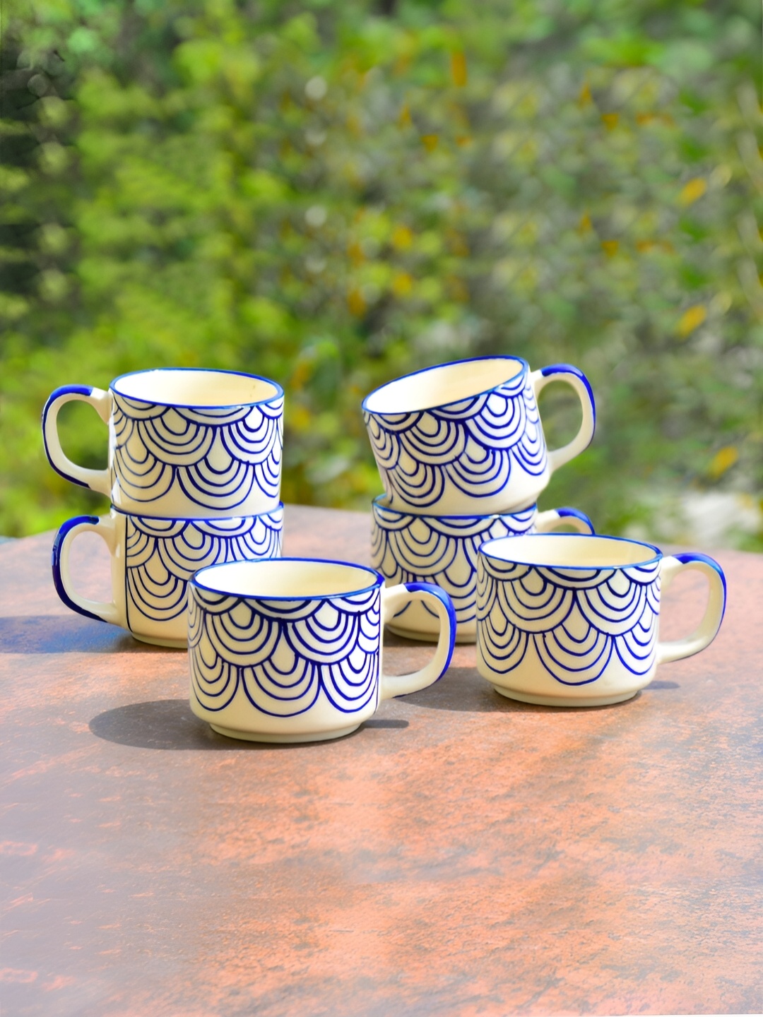 

StyleMyWay White & Blue 6 Pcs Printed Ceramic Glossy Cups 150 ml