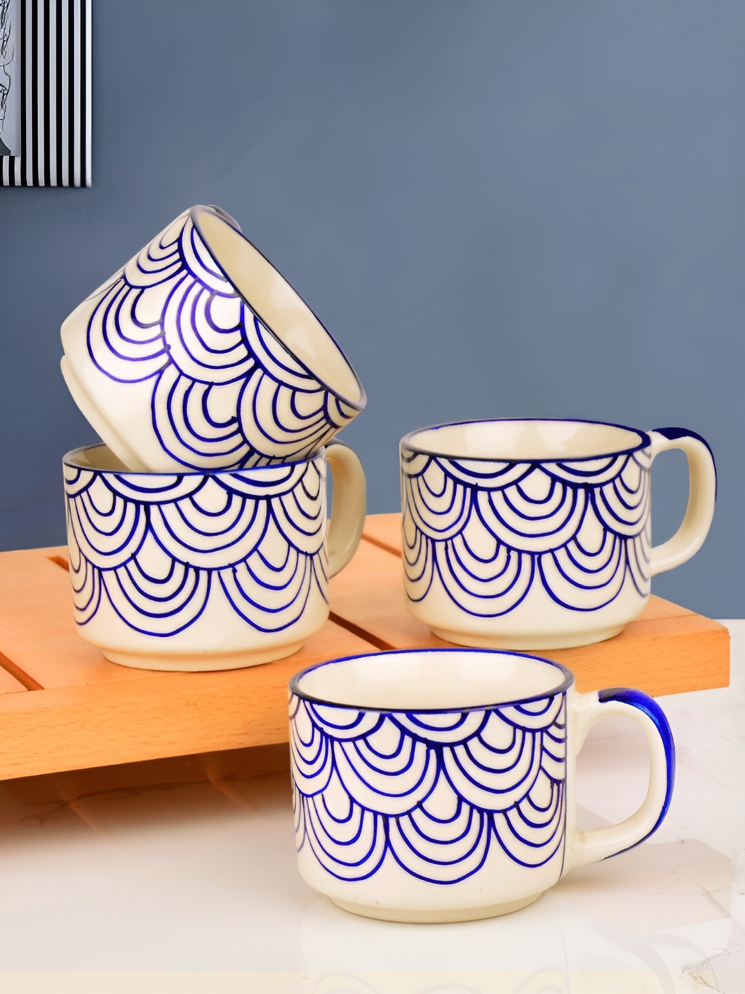 

StyleMyWay Blue & White 4 Pcs Hand Painted Printed Ceramic Glossy Cups 150 ml