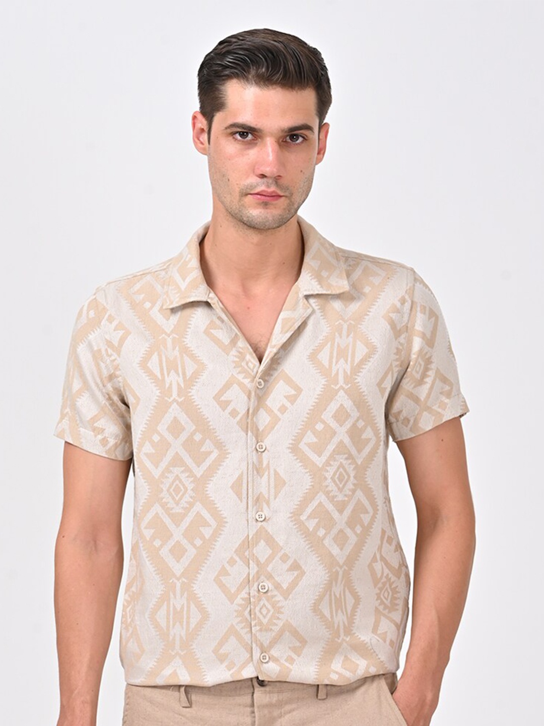 

POE Smart Slim Fit Geometric Printed Pure Cotton Casual Shirt, Beige