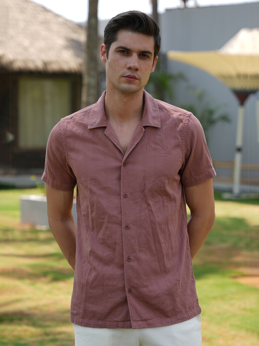 

POE Smart Slim Fit Self Design Pure Cotton Casual Shirt, Peach