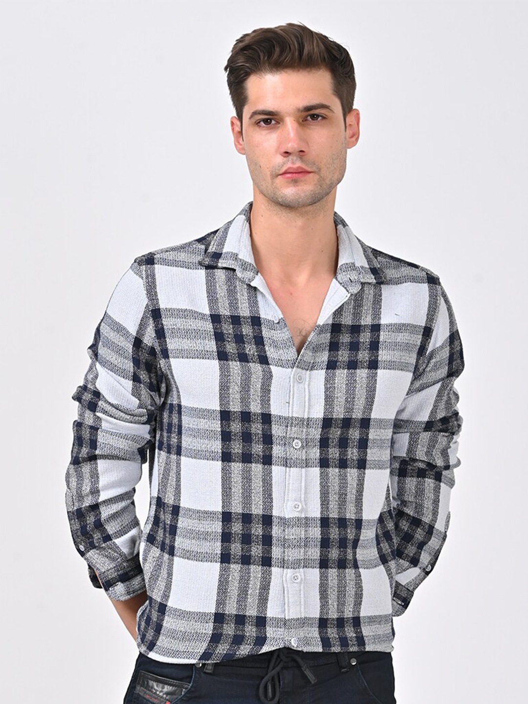 

POE Smart Slim Fit Opaque Checked Cotton Casual Shirt, Grey