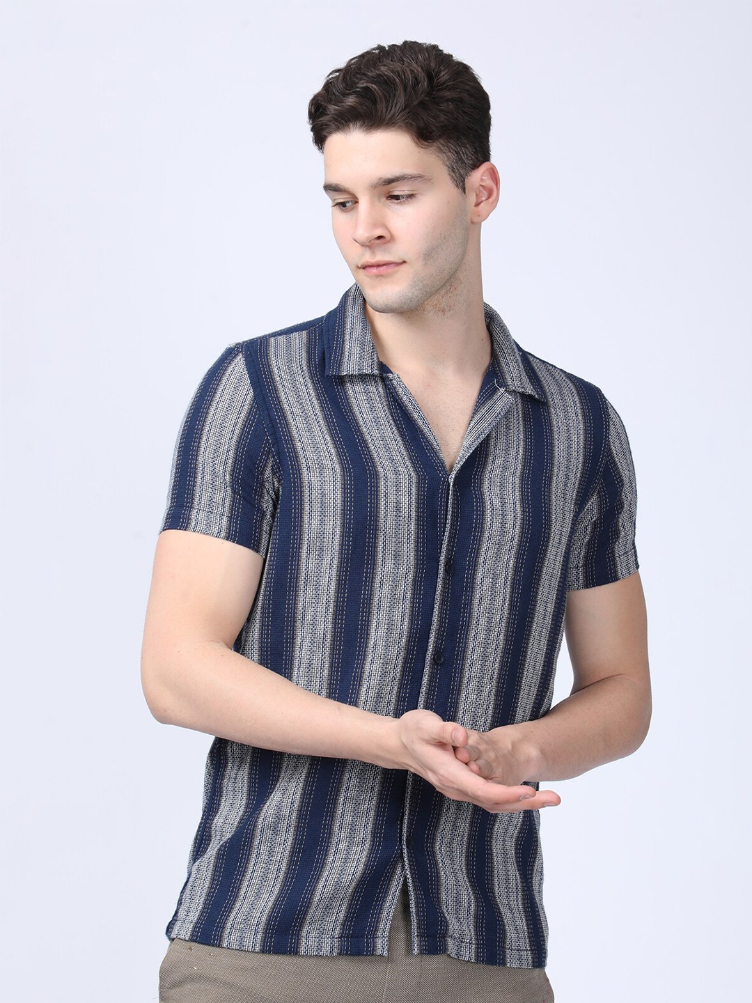 

POE Smart Slim Fit Multi Stripes Opaque Cotton Casual Shirt, Navy blue