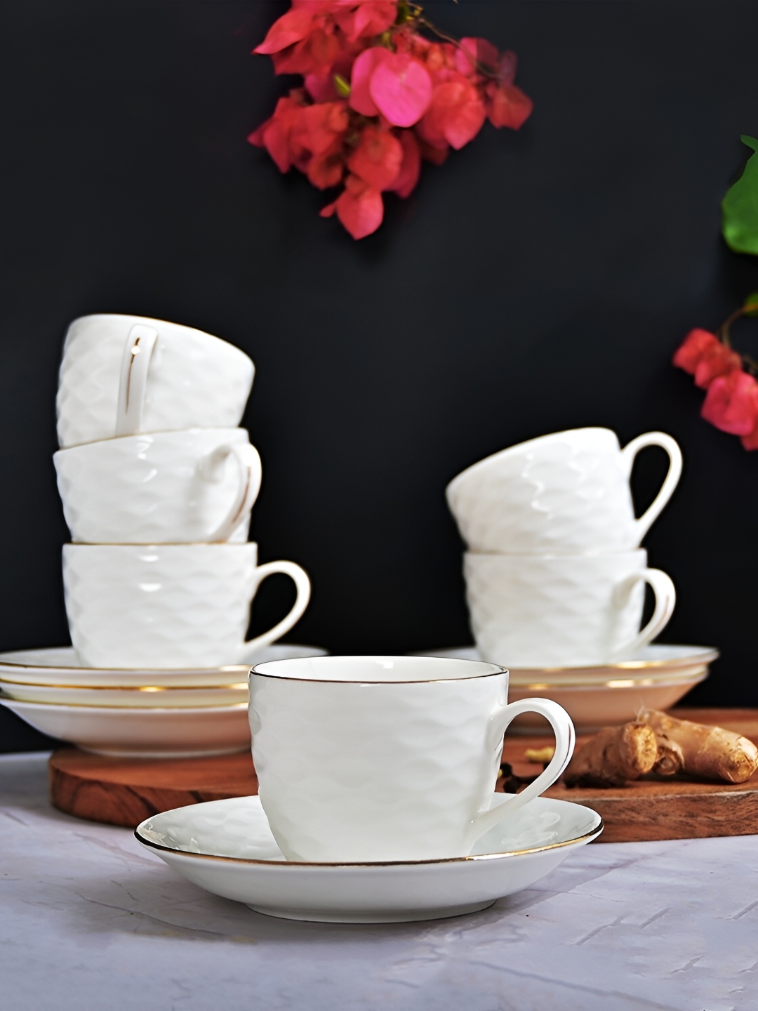 

Femora White 12 Pieces Textured Ceramic Glossy Cups and Saucers